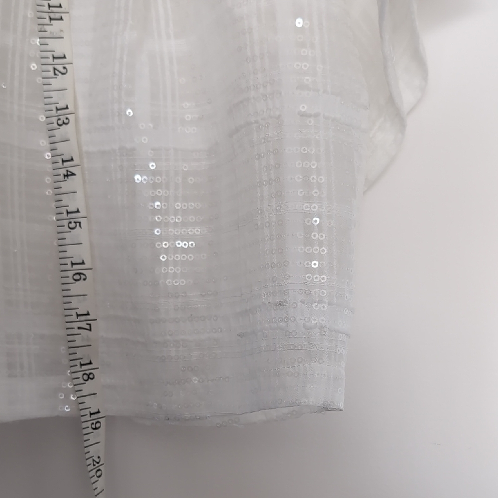 White Sequin Sheer Plaid Button Down Collar Blouse - Picture 6 of 6